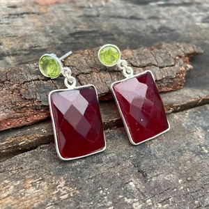 Amazing Pertty Earring Red Ruby Green Peridot 925 Sterling Silver Drop Earring - Picture 1 of 7