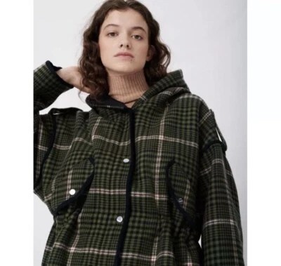 Maje Plaid Green Coat Mock Neck Pockets Sz 0 Women’s Wool Winter Jacket Fuzzy - Image 1 of 4
