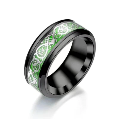 8 mm Black Stainless Steel Silver Dragon Green Inlay Engagement Ring Size 6 - 12 - Image 1 of 3