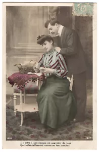 Echt Foto AK Paar Portrait °1905 französische Romantik handgetönt RPPC - Bild 1 von 2