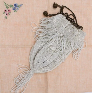 Antique Art Deco White Seed Bead Drawstring Purse with Chain Drawstring - Picture 1 of 8