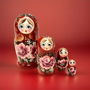Vtg Russian Matryoshka Nesting Dolls Hand Painted Wood 5 Piece 4.5" Red Gold - Picture 1 of 13