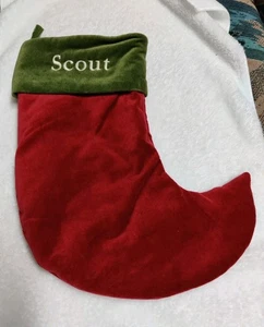 POTTERY BARN ROT & GRÜN SAMT ELFE WEIHNACHTSSTRUMPF GRÜN MANSCHETTE Mono Scout  - Bild 1 von 4