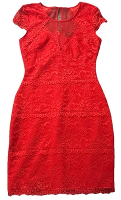 Mini Vestido BEBE Talla X5/1P Rojo Encaje Cubierto Sumergible Profundo Cuello en V Funda Manga Gorra Foto 1 de 4