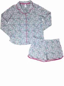 Womens Gray Pink & Navy Floral Pajamas Lightweight Flower Short Sleep Set Large - Picture 1 of 1