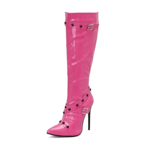 7 Colors Women High Heel Pointed Toe Buckle Rivet Knee High Boots Party Shoes Sz - Picture 1 of 27