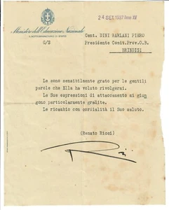 Lettera dattiloscritta firmata da Renato Ricci Ministro dell'educazione Naz. - Picture 1 of 3