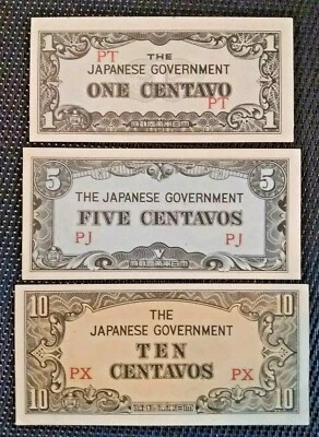 Lote de 3 piezas, Segunda Guerra Mundial 1942 Ocupación del gobierno japonés 1,5,10 centavos Filipinas Foto 1 de 2