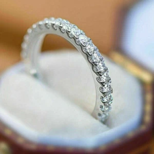 2 Ct Round Simulated Diamond Thin Eternity Wedding Band Ring 14k White Gold Over - Picture 1 of 12