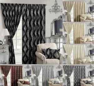 Pencil Pleat Jacquard Curtains Pair Fully Lined Tape Top Ready Made With Tieback - Picture 1 of 27