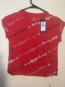 Tommy Hilfiger Girls T- Shirts All Over Cursive Print Red Small / CH 7 - Picture 1 of 3