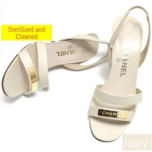 Authentic CHANEL Gold Logo Sandals 35 Ivory - Picture 1 of 10