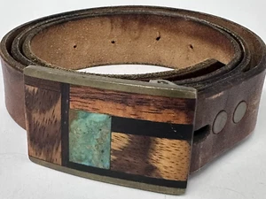 Kenneth Reid fibbia per cintura vintage New Mexico ottone legno intarsiato cintura in pelle - Foto 1 di 13