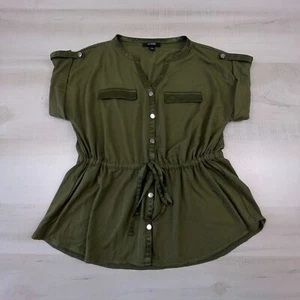 Alfani Womens Top PP Olive Green Short Sleeve Button Up Shirt Drawstring Waist - Picture 1 of 10