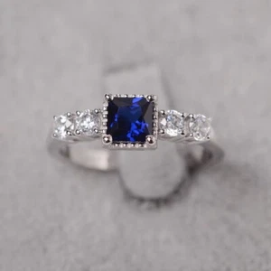 Blue Sapphire Women Ring Square Lab Created Gemstone 925 Sterling Silver Ring - Picture 1 of 5