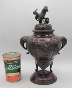 Antique Japanese 11.5" Bronze Incense Burner Dragon Handles Shishi Lion Knop - Picture 1 of 15