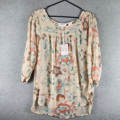 LC Lauren Conrad Blouse Womens Medium Cream Floral Pintuck Peasant 3/4 Sleeve - Image 1 of 4