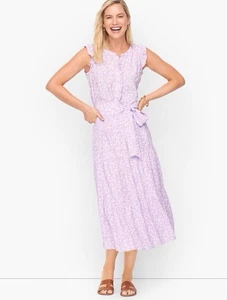Talbots Dress 2 Sleeveless Ruffle Tiered Midi Floral Lilac Elastic Waist & Tie - Picture 1 of 15