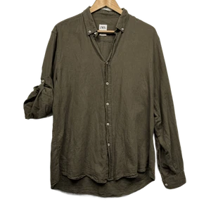 ZARA Men’s Relaxed Fit Long Sleeve Linen Cotton Shirt Khaki Green Button Size L - Picture 1 of 6