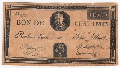 FRANCE  100  Livres  1793  P:A100  Armee  Catholique  et  Royale - Image 1 of 2
