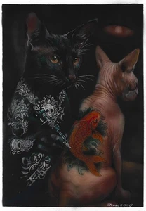 original painting A3 287DO artwork acrylic airbrushing sphinx cats with tattoos - Picture 1 of 4
