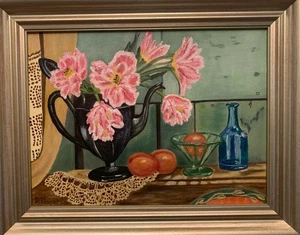 1990 Signed Still Life Oil Painting Fruit Flowers Green Depression Glass Framed - Picture 1 of 12