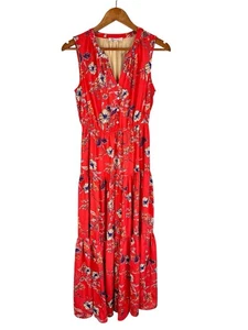 DR2 Damen Maxikleid koralle Blumen ärmellos Stufen Small - Bild 1 von 5