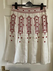 Coast 100% Linen Midi Skirt Size UK 12 Cream Red Embroidery Lined - Picture 1 of 9