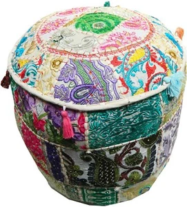 Pouf indien MUDHA patchwork en coton multicolore sur rotin oriental Hauteur 40cm - Picture 1 of 1