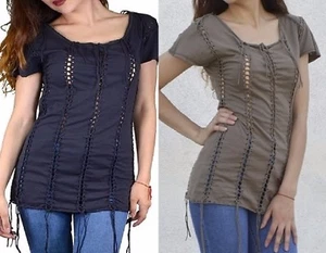 Blusa Top Jersey Manga Corta Paneles Verticales Unidos Con Cordones S M L - Imagen 1 de 9