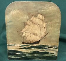 Bookends Sailing Ship Sea Solid Wood VINTAGE Nautical Coastal Hand Painted NICE!