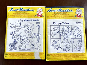 2 VTG Hot Iron Transfer Embroidery Aunt Martha's Puppy Dog Zoo Giraffe Elephant - Picture 1 of 6