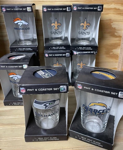 NFL 16oz Pint Glass & 4 Coasters Set Broncos Saints Chargers Seahawks Cover