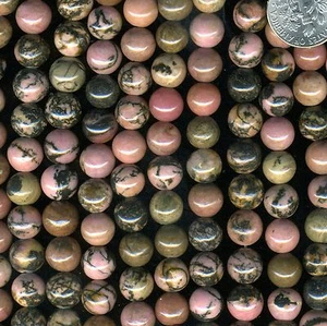 RHODONITE 8mm Round Beads - mixed colors, black matrix! 16" strand - Picture 1 of 3