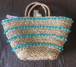 Fallon & Royce Strandtasche gewebt türkis Bommel Stroh Neu mit Etikett - Bild 1 von 7