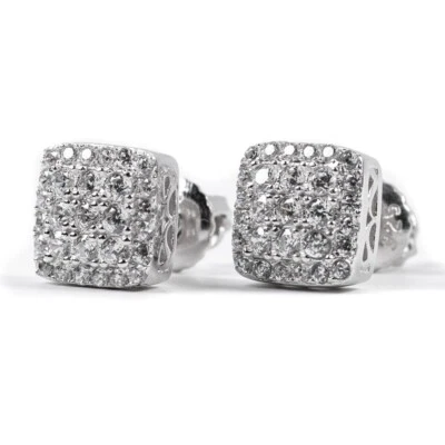 Men's Small Cube Square 925 Sterling Silver Iced Cz Hip Hop Stud Earrings - Image 1 of 4