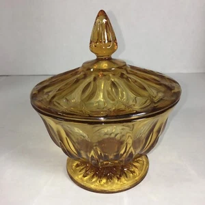 Vintage 60er Mid Century Glas Anchor Hocking Bernstein Bonboniere Standfuß mit Deckel - Bild 1 von 4