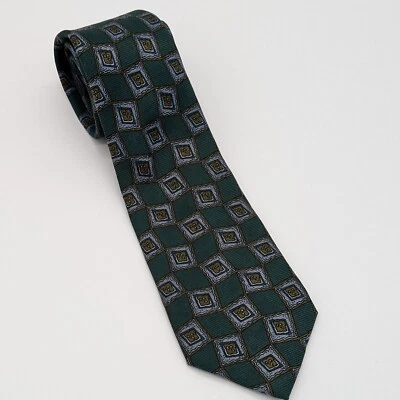 Cellini 男式领带 100% 真丝绿色和蓝色美国制造经典几何图案 — 第 1/4 张图片