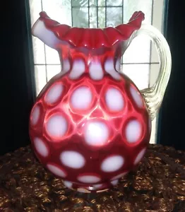 Fenton Cranberry Coin Dot Ruffled Fluted Glass Pitcher Displayed Only in Curio - Picture 1 of 5