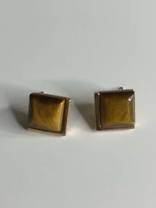 Vintage Tigers Eye Square Gold Tone Pierced Earrings Signed Roman - Picture 1 of 4