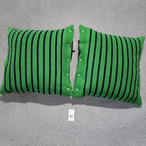 Set Of 2 Ralph Lauren Toulon Stripe Knit Decorative Throw Pillows Grn/Nvy 20x20" - Picture 1 of 2