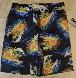SWIMFIX Jungen GRÖSSE 4 Badehose MARINEBLAU/ORANGE/GELB Palmen/Sonne/Ozean NEU mit Etikett - Bild 1 von 3