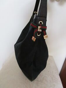Vintage Gucci Signature Black Canvas Hobo Bag Green Red Strap Large Italy