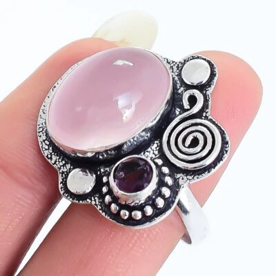Rosa Rose Quarz, Amethyst Edelstein Handgemacht Silber Schmuck Ringgröße 9 - Bild 1 von 4
