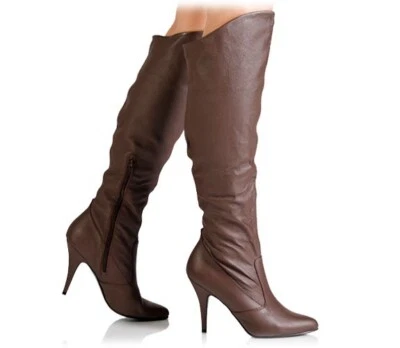 Pleaser USA VANITY-2013 Brown Leather Pull On Cuffed Knee Boot IN-STOCK