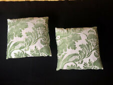 FORTUNY PILLOWS ~ 2 GREEN & IVORY SQUARES 14' X 14" ~ HYPO ALLERGENIC SYNTHETIC