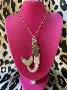 Betsey Johnson Woody Critters Wood Pink Mermaid Glitter Tail Necklace VERY RARE - Picture 1 of 5