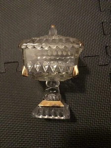 Vintage Jeanette Clear Glass Square Pedestal Candy Dish W/ Lid Wedding Box Gold - Picture 1 of 5