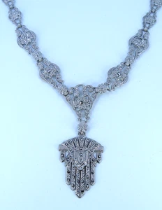 Vintage Art Deco Signed CINER Sterling Silver Marcasite PENDANT/NECKLACE 16" - Picture 1 of 9