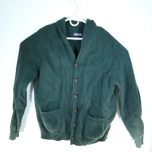 Lands End Cardigan Sweater Green Large Vintage Wool Elbow Patch Mens Shaw Collar - Picture 1 of 3